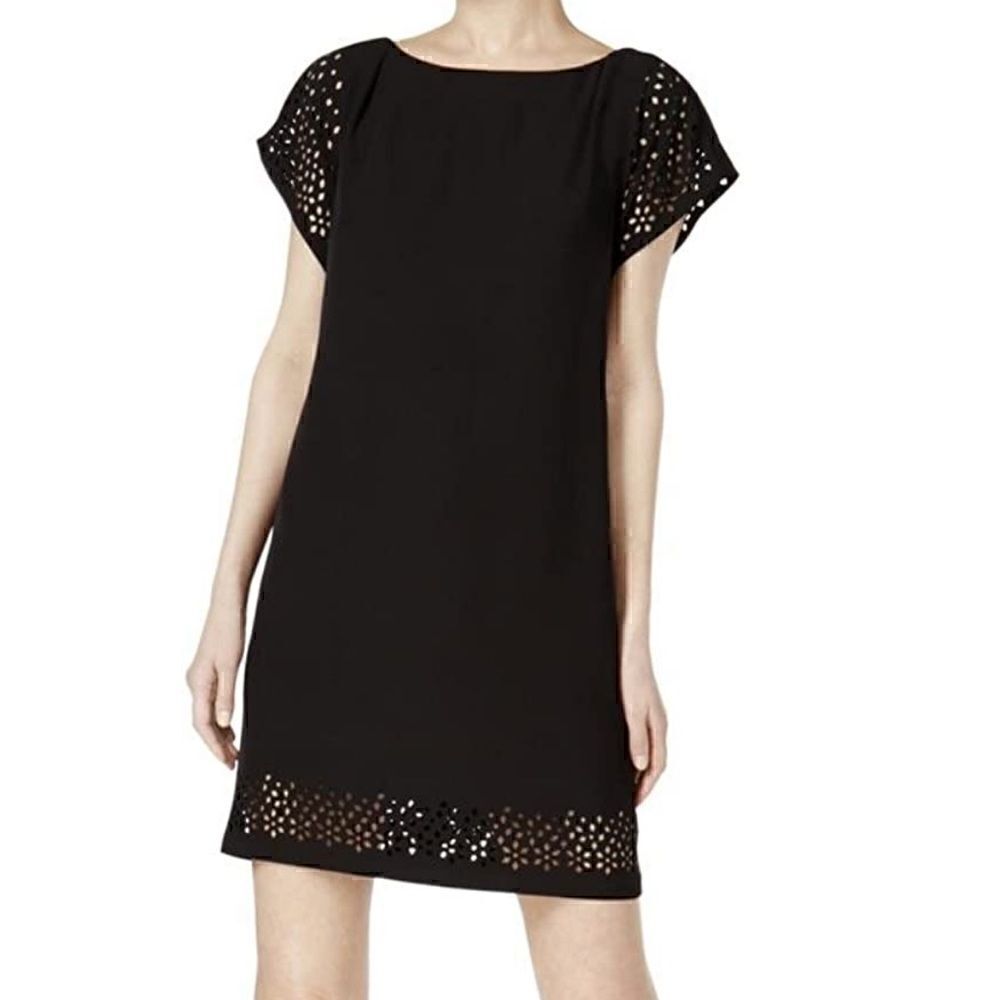 Calvin Klein Women's Laser Cut Short Sleeve Sheath Dress Black Gold Zipper sz 2